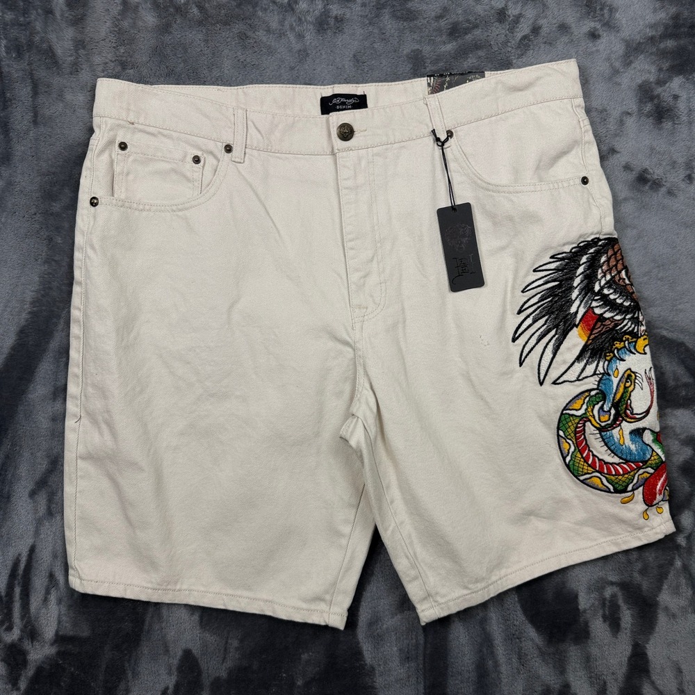 Ed Hardy Skater Fit Shorts Mens 40 Cream New Eagle Snake Graphic Embroidered